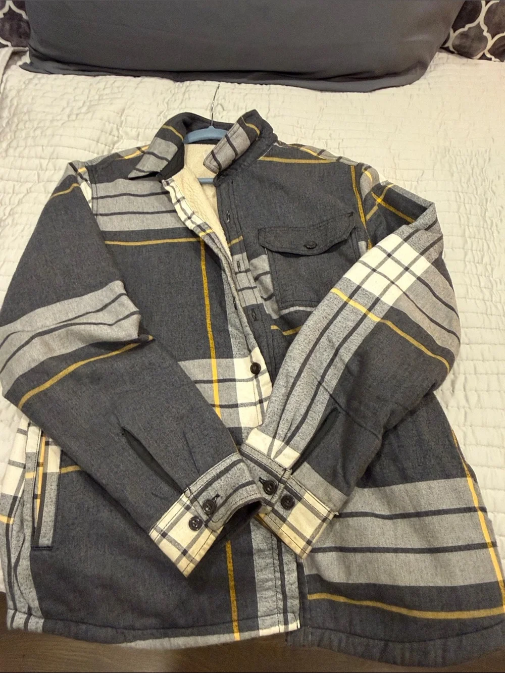 The North Face Men's Gray Plaid Sherpa Shirt Jacket with Yellow Accents